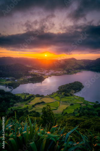 Sunset at Sete Cidades  Azores  Portugal during hot summer day