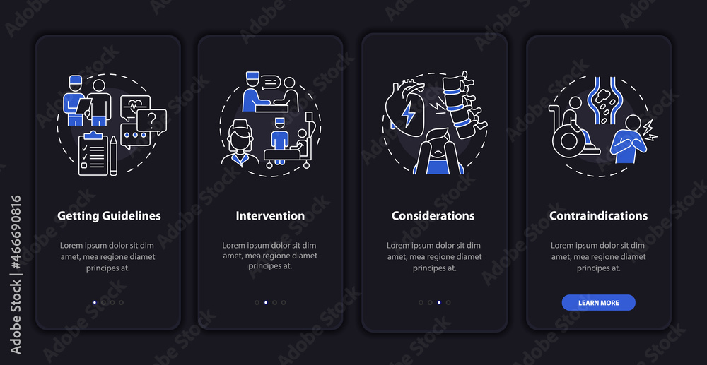 Pulmonary rehab process dark onboarding mobile app page screen. Recovery plan walkthrough 4 steps graphic instructions with concepts. UI, UX, GUI vector template with linear night mode illustrations