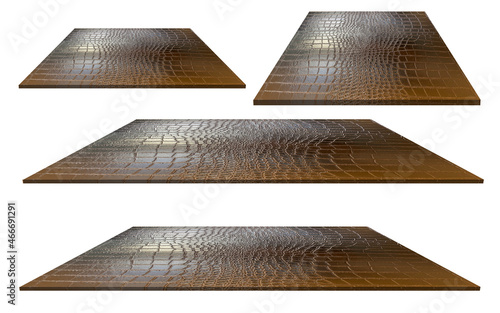 Shelf covered with faux leather material, crocodile leather pattern on a white background.