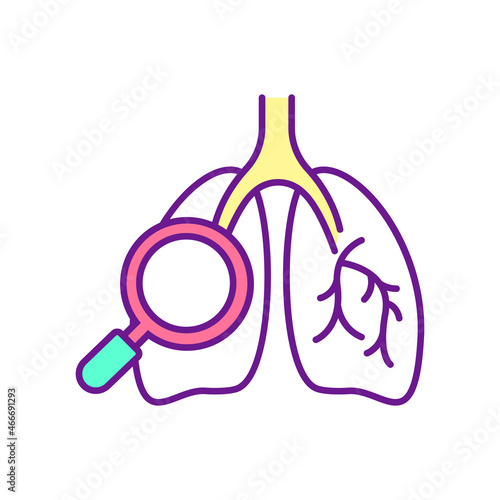 Lungs examination RGB color icon. Respiratory testing. Xray and stethoscope monitoring. Pulmunologist checkups. Diagnostic monitoring. Isolated vector illustration. Simple filled line drawing