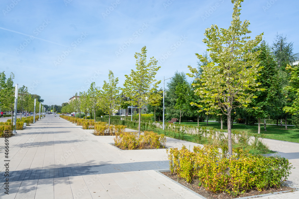 A new modern landscaped park in the city of Korolev, Moscow region.