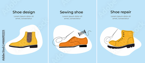 Shoe, boot, footwear. Sewing, repair shoes. Tailored handmade bespoke shoe, footwear. Shoemaking. Bootmaker, shoemaker, cobbler tools. Сustom shoe atelier, workshop. Flat vector illustration. Isolated