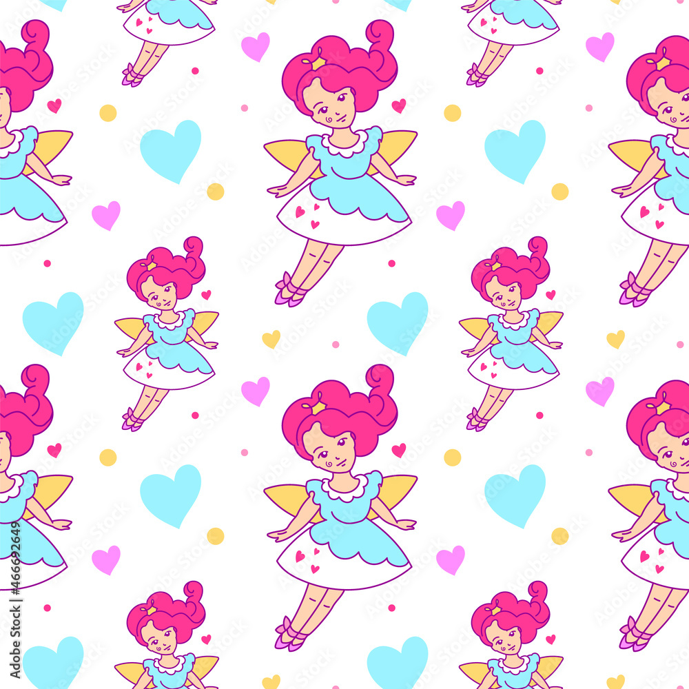 Cute cartoon seamless pattern with an fairy princess. Used as a wrapping paper, decoration for kids' goods, tag, flyer, invitation.