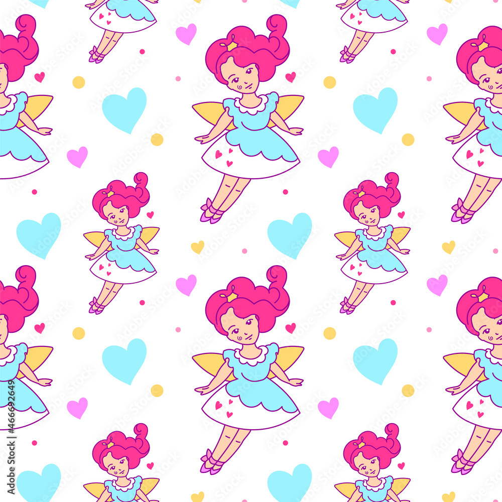 Cute cartoon seamless pattern with an fairy princess. Used as a wrapping paper, decoration for kids' goods, tag, flyer, invitation. Cute cartoon seamless pattern with an fairy princess. Used as a wrapping paper, decoration for kids' goods, tag, flyer, invitation.