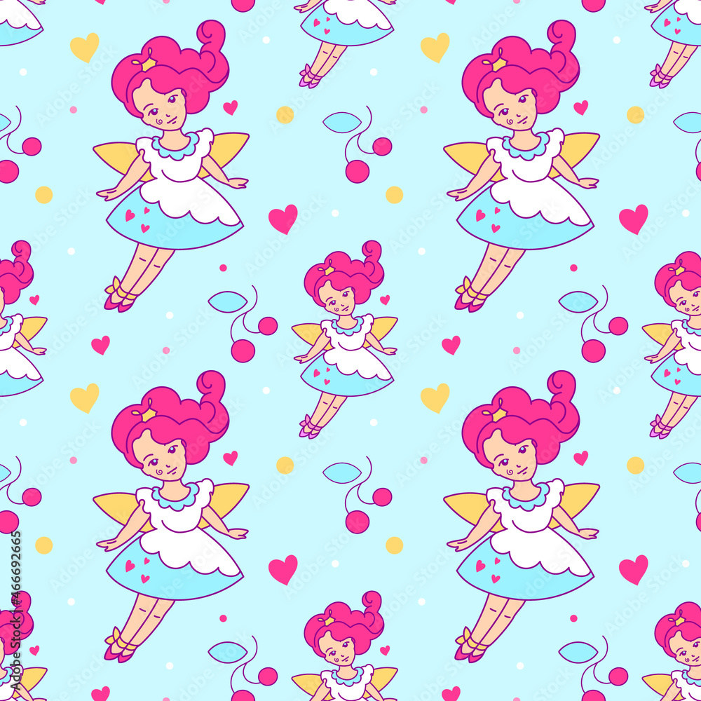 Cute cartoon seamless pattern with an enchantress. Used as a wrapping paper, decoration for kids' goods, fabric, packaging, flyer, invitation. Cute cartoon seamless pattern with an enchantress. Used as a wrapping paper, decoration for kids' goods, fabric, packaging, flyer, invitation.