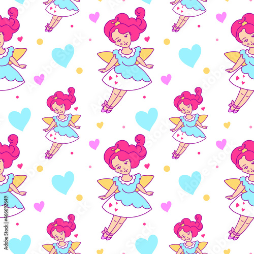 Cute cartoon seamless pattern with an fairy princess. Used as a wrapping paper, decoration for kids' goods, tag, flyer, invitation.