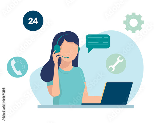 Woman with headphones and microphone with laptop. Concept illustration for support, assistance, call center. Vector illustration in flat style