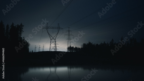 High voltage power line at night