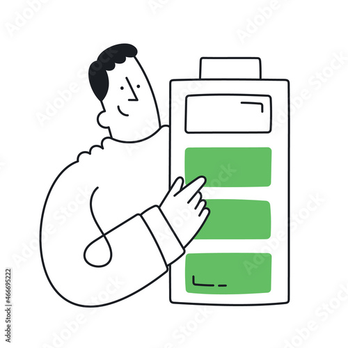 Man holding big battery. Outline, linear, thin line, doodle art. Simple style with editable stroke.