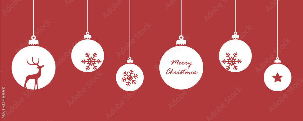 Fototapeta premium red merry christmas card with hanging ball decoratoin