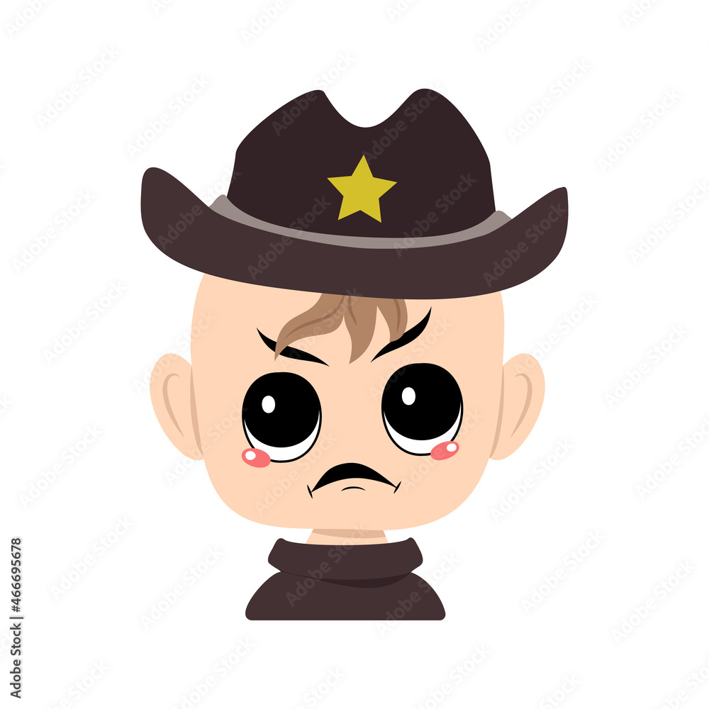 Avatar of child with angry emotions, grumpy face, furious eyes in sheriff hat with yellow star. Cute kid with furious expression in carnival costume for the holiday. Head of adorable baby