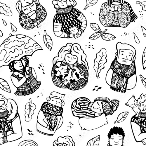 Seamless cute autumn pattern. Different people in warm clothes, under an umbrella and leaves. For fabric, clothing, postcards, design, wallpaper, wrapping paper.