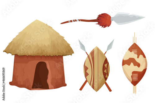 Set African hut with straw roof, baobab shield with spear in cartoon style isolated on white background. Safari tribal collection, rural desert building. Vector illustration