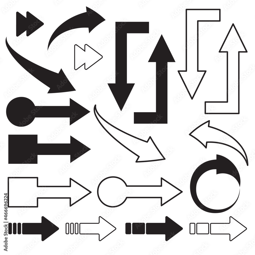 A collection of black isolated arrows on a white background. A large set of flat pointers. vector graphics for web applications, website design, flat vector graphics