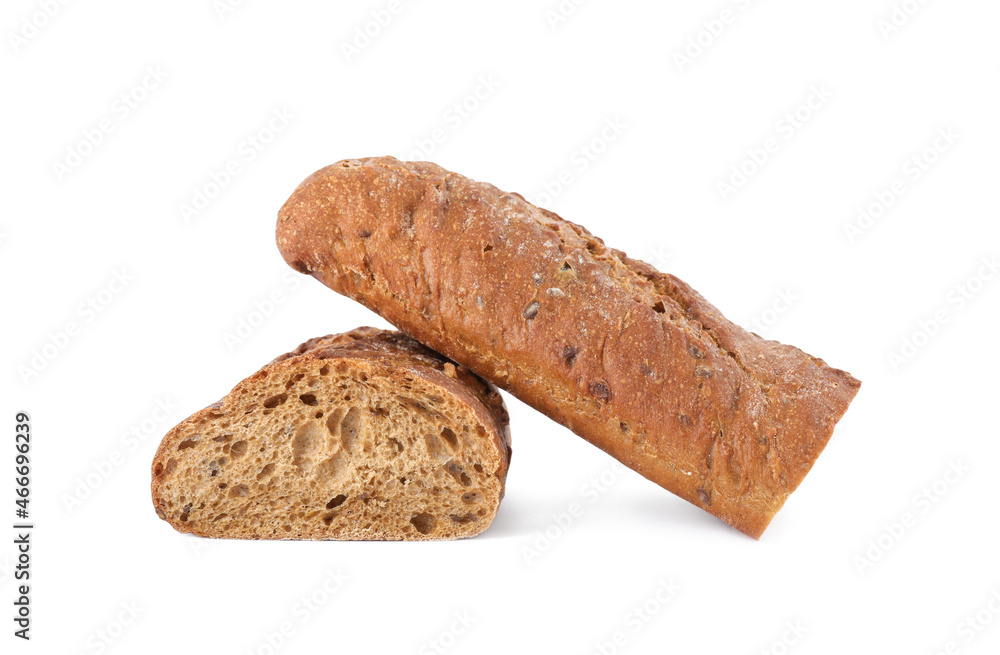 Pieces of fresh buckwheat baguette on white background Pieces of fresh buckwheat baguette on white background