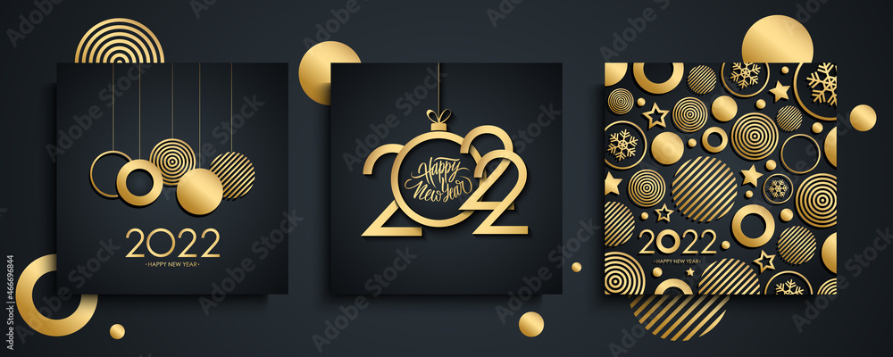 2022 Happy New Year luxury greeting cards set. New Year holiday invitations templates collection with hand drawn lettering and gold christmas balls. Vector illustration. - obrazy, fototapety, plakaty 