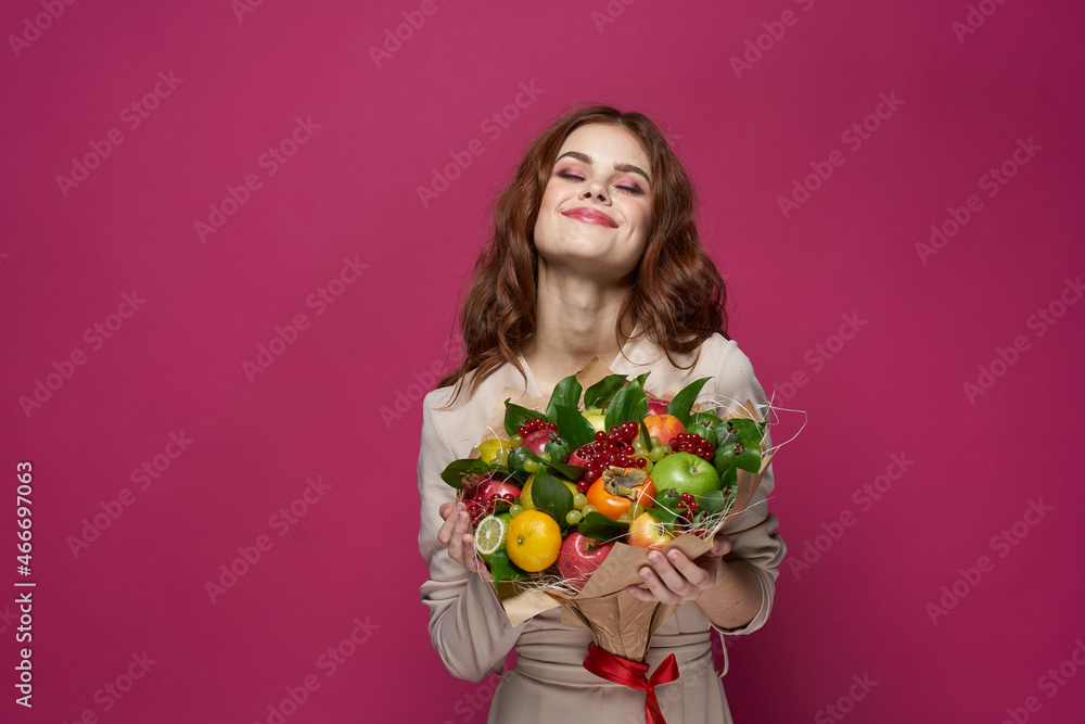 pretty woman smile posing fresh fruits bouquet emotions isolated background