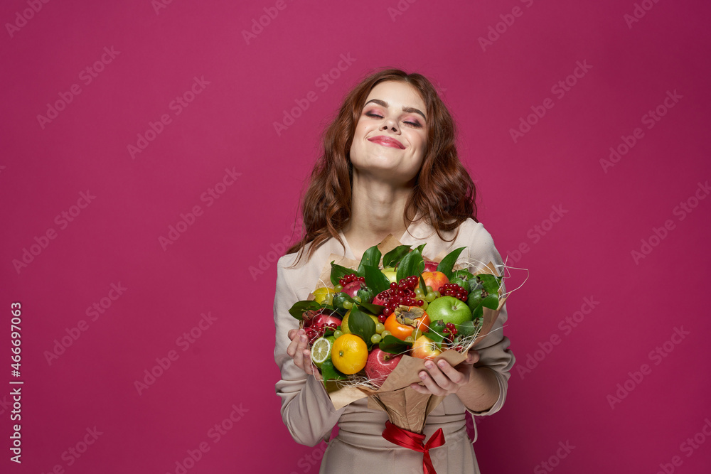 pretty woman smile posing fresh fruits bouquet emotions isolated background pretty woman smile posing fresh fruits bouquet emotions isolated background