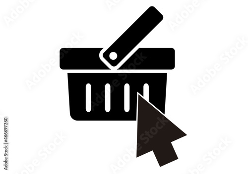 Icono negro de cesta de la compra con cursor.