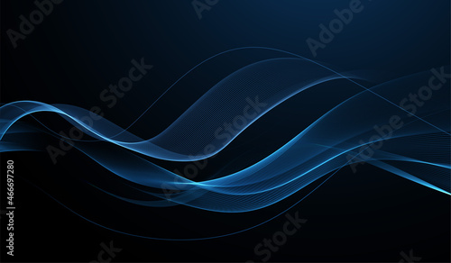 Abstract Waves. Shiny blue moving lines design element on dark background for greeting card and disqount voucher.