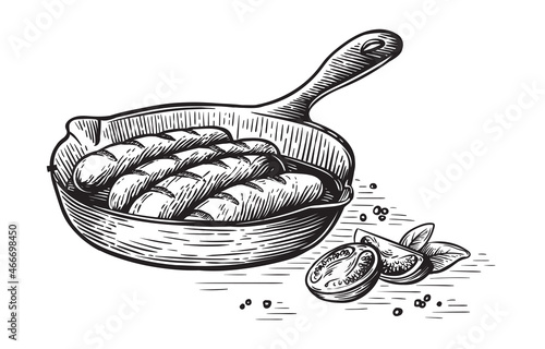 fried sausages in a frying pan sketch