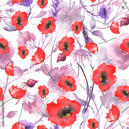 Watercolor seamless pattern  background with a floral pattern. vintage drawings of plants  flowers poppy  berry. Wild plant  grass. Watercolor lavender flower  grass. Autumn pattern.provance lavender