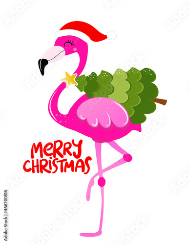 Merry Christmas - Calligraphy phrase for Christmas with cute flamingo girl. Hand drawn lettering for Xmas greetings cards, invitations. Good for t-shirt, mug, scrap booking, gift.