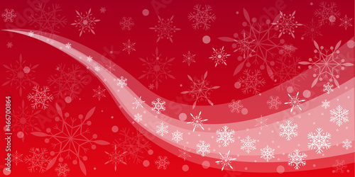 Christmas red background with white snowflakes of different shapes and sizes