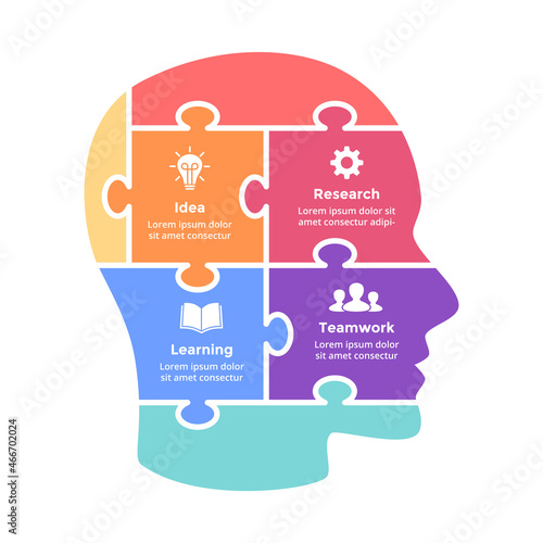 Human head puzzle infographic. Generating new ideas. Educational concept. Vector slide template. Creative thinking illustration. Artificial intelligence.