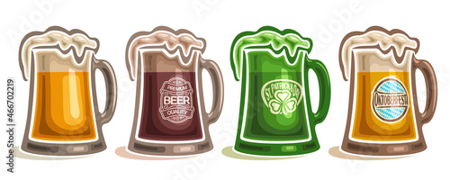 Vector Beer Mugs Set, lot collection of cut out illustrations different refreshing frothy beer with variety labels on white background.