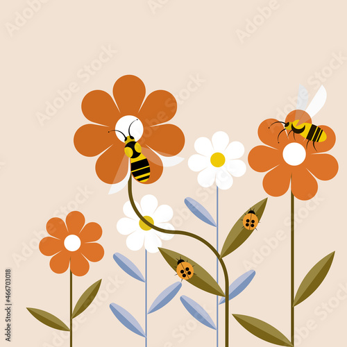 Illustration of honeybees and bugs sitting on flowers