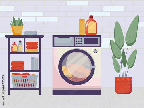 Vector illustration of laundry room in flat modern design. The concept of washing in a laundry, styling with detergents and clean linen. Washing machine in the laundry room