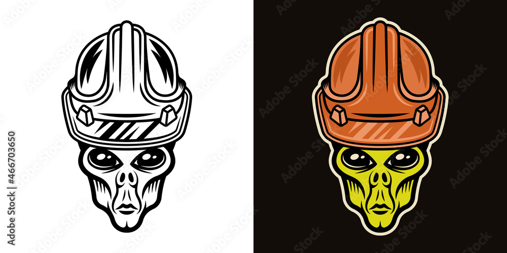 Alien in worker hard hat vector illustration in two styles black on white and colorful on dark background