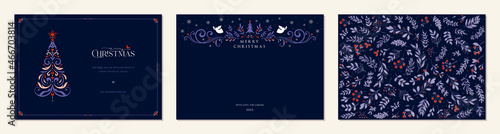 Merry and Bright Horizontal Holiday cards. Christmas, Holiday templates with ornate floral motives, greetings, Christmas Tree, bird, ornate banner or header and floral background.