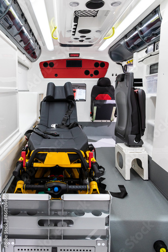 Emergency stretcher in a new delivered EMS ambulance.