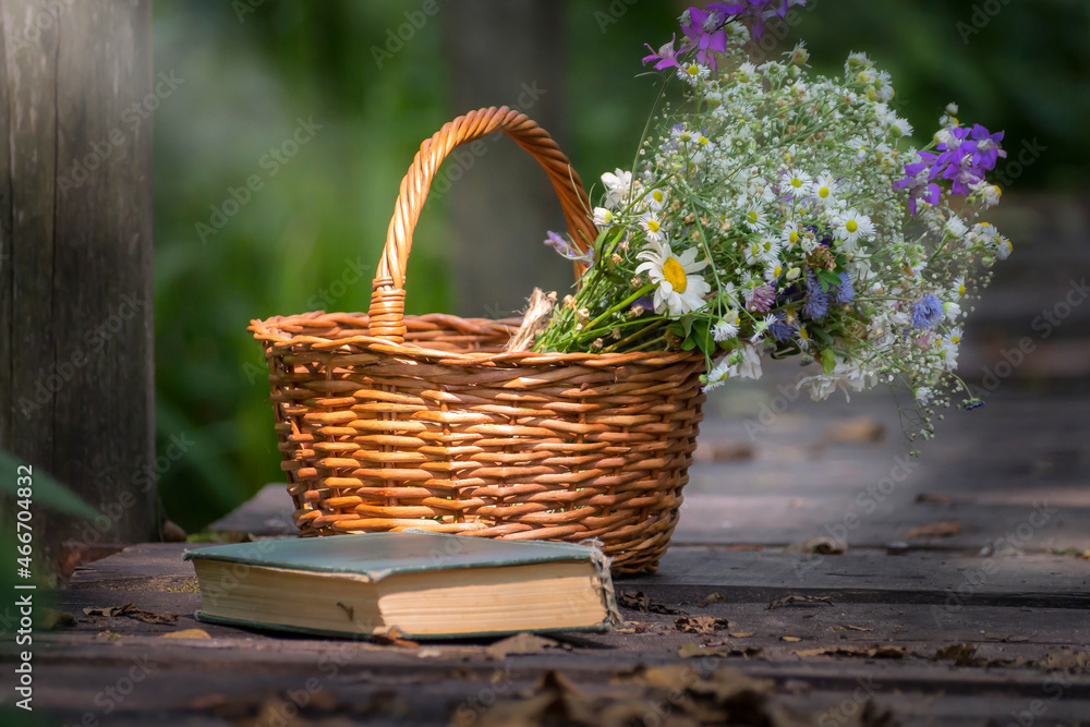 A basket of wildflowers and a book lie on a small bridge across the river. A basket of wildflowers and a book lie on a small bridge across the river.