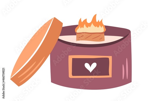 Natural soy wooden wick candle. Lighted candle isolated on white background. Hand drawn flat vector illustration