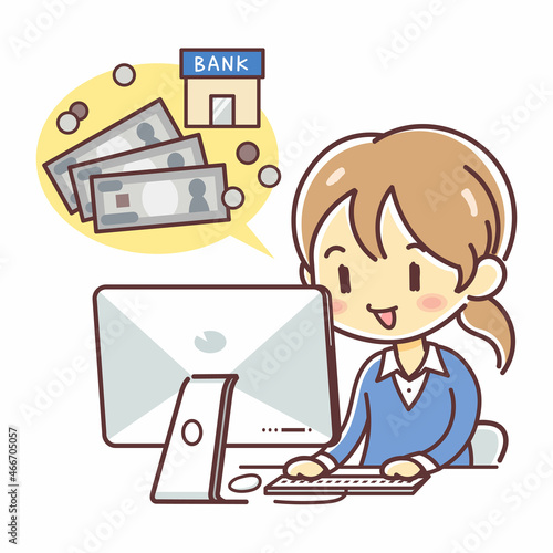 パソコンからネットバンキングを利用する女性のイラスト