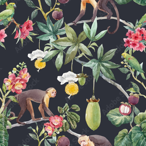 Beautiful vector seamless tropical floral pattern with cute hand drawn watercolor monkey and exotic jungle flowers. Stock illustration.