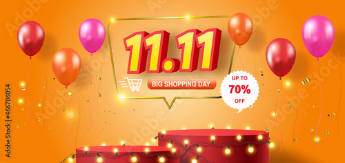 11.11 sale product banner, podium platform with geometric shapes, 
sale promotion with a discount offer on a special occasion, give voucher, poster or background.