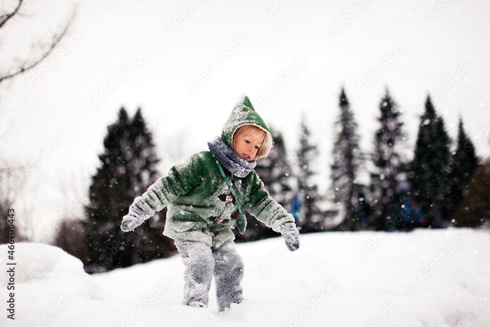 Little Girl in Winter Coat Climbing the Snow Hill