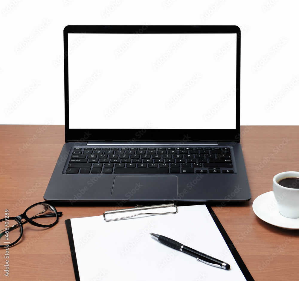 laptop with notebook and pen on wooden table laptop with notebook and pen on wooden table