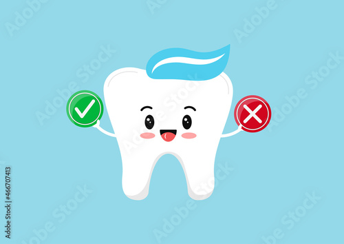 Cute tooth with check marks. Dental true or fiction education concept. Dentistry character with green right and red false checkmarks. Flat cartoon design vector illustration kawaii teeth character.