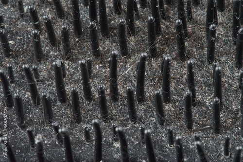 Macro shot of Dirty used hair brushes, very dirty comb and a lot of hair fall out