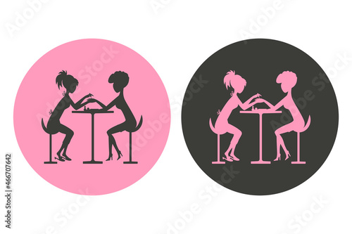 Set of icons logo for a manicure salon, nail salon, round emblem, silhouette, manicurist paints nails, workplace, women. Vector illustration