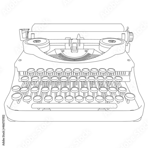 Outline of a vintage typewriter from black lines isolated on white background. Front view. Vector illustration