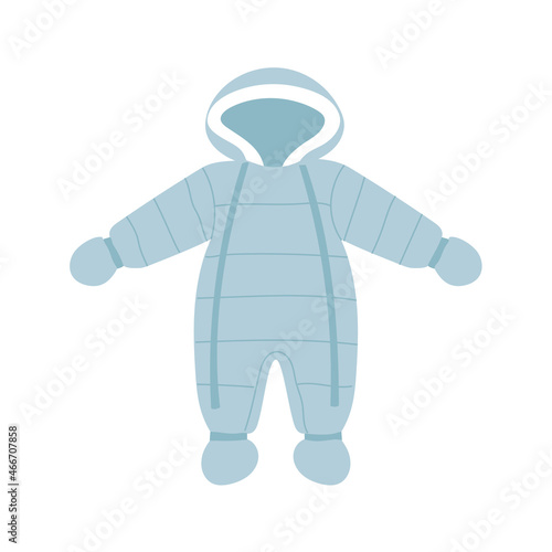 Winter blue baby overalls. Flat style snow suit with hood. Baby clothing. 