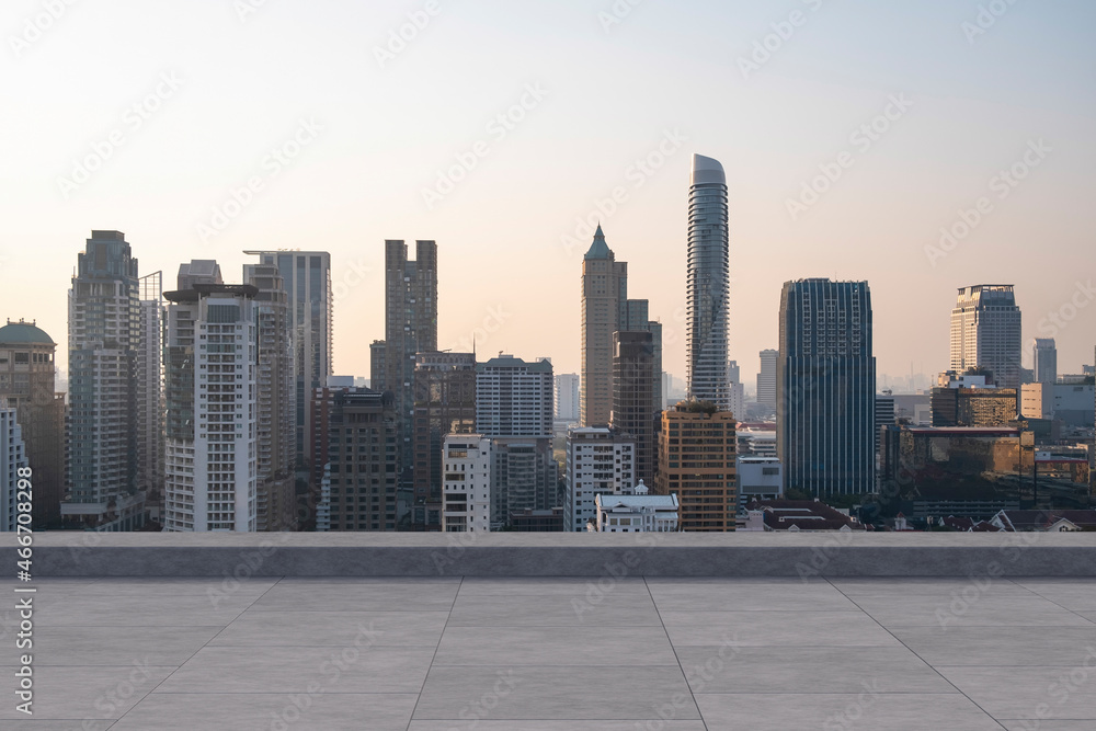 Panoramic Bangkok skyline view, concrete observatory deck on rooftop, sunset. Luxury Asian corporate and residential lifestyle. Financial city downtown, real estate. Product display mockup empty roof Panoramic Bangkok skyline view, concrete observatory deck on rooftop, sunset. Luxury Asian corporate and residential lifestyle. Financial city downtown, real estate. Product display mockup empty roof