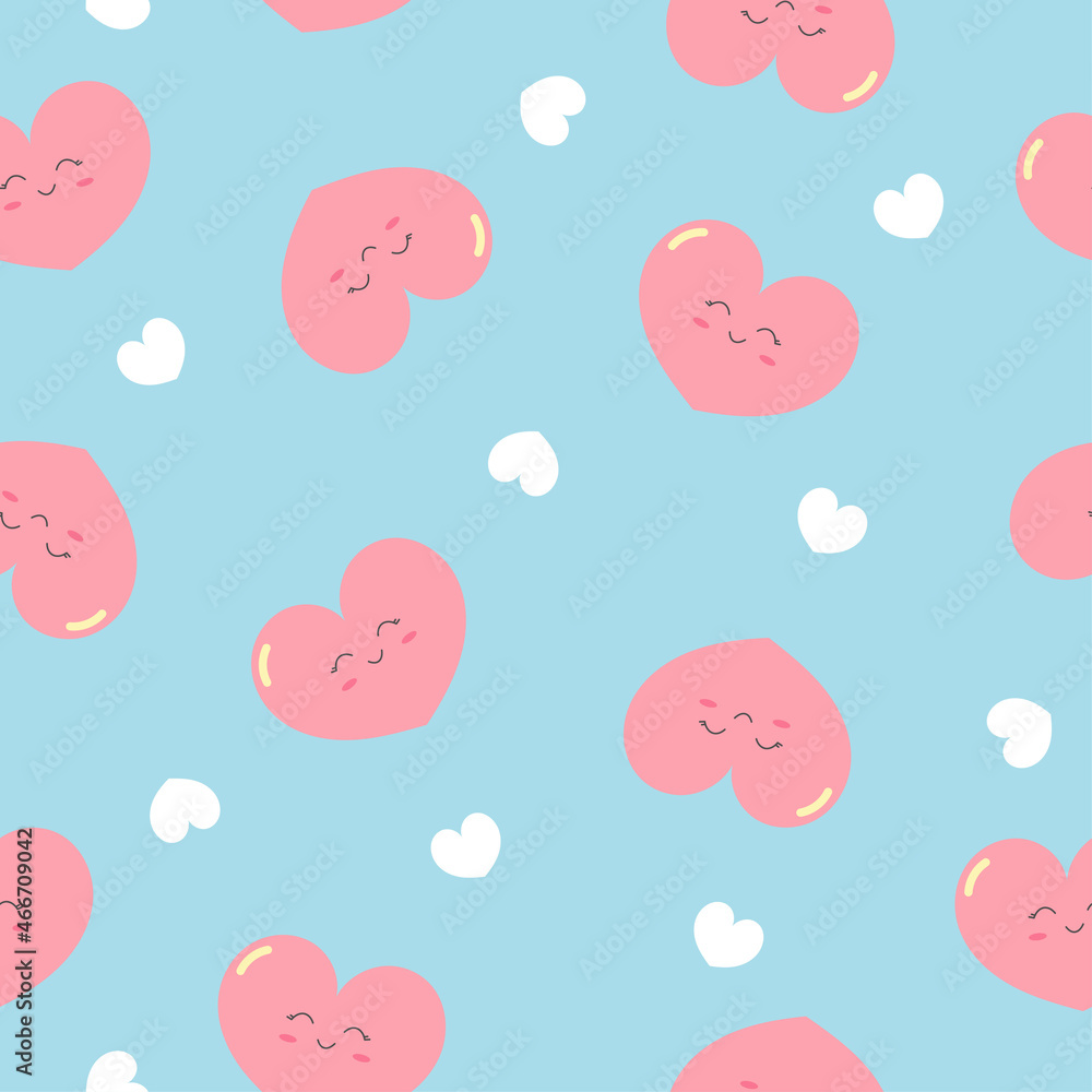 Cute smiling hearts on blue background seamless pattern. Background for Valentine's Day greetings and card, web, banner, poster, flyer, brochure, print and baby shower