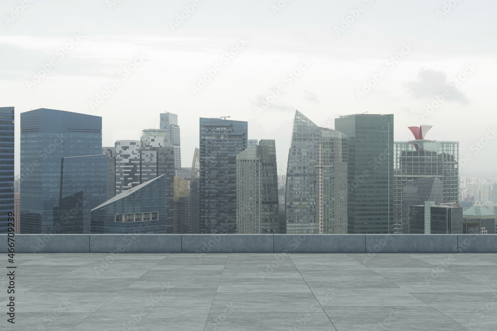 Panoramic Singapore skyline view, concrete observatory deck on rooftop, daytime. Asian corporate and residential lifestyle. Financial city downtown, real estate. Product display mockup empty roof